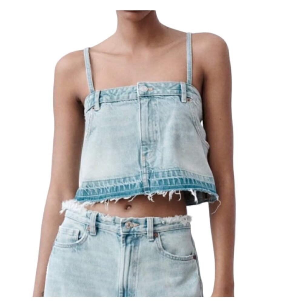 Zara NWT Women's Cropped Denim Tank Top Blue Frayed Hem Size Large